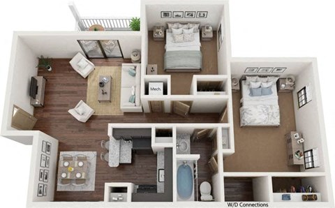 Floor plan for 2 beds, 1 bath, 1000 sqft